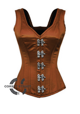 Brown Satin Shoulder Straps Seal Lock Opening Gothic Burlesque Bustier Waist Training Overbust Corset Costume